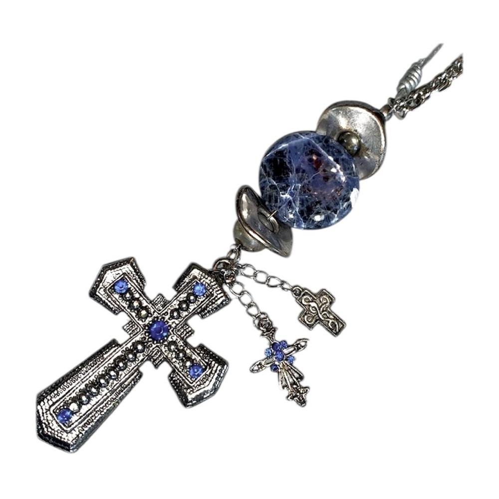 Ragamuffin Couture: Silver Cross Necklace, blue/silver beads, leather cord OOAK
